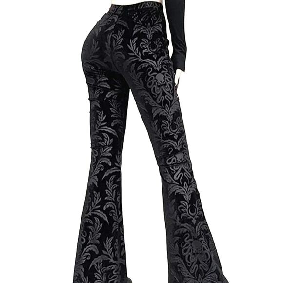 NWT Medium Black Velour Damask Brocade Goth Cthulhu Flares - Picture 5 of 10
